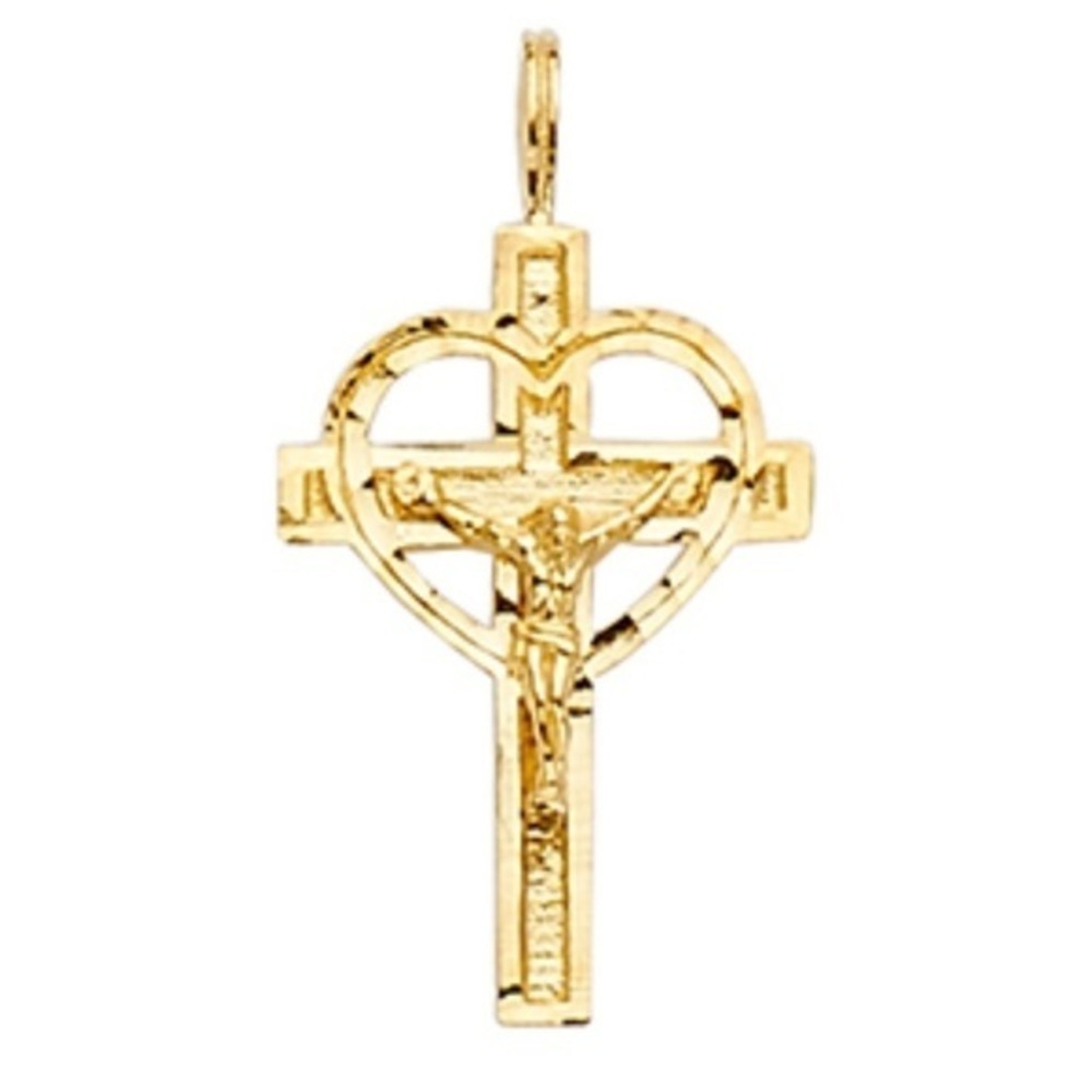 New Dainty 14K Yellow Gold Heart Crucifix Cross Religious Pendant